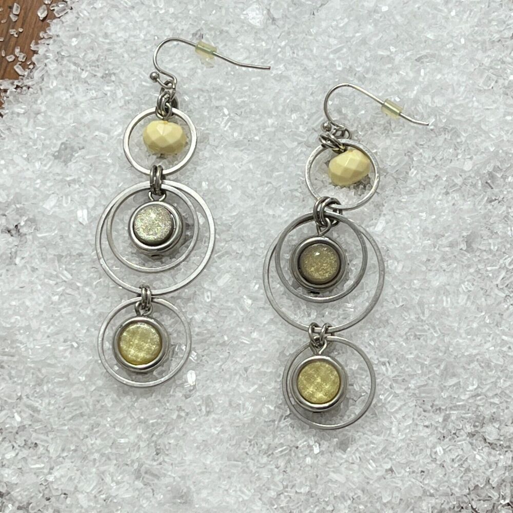 Vintage Silver Tone Hoop Earrings Cream Color Plastic Beads Dangling Hooks